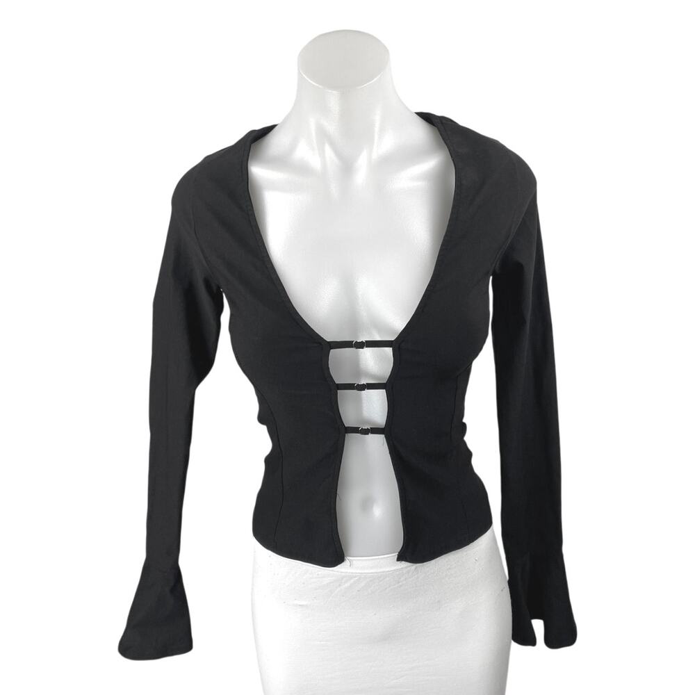 NEW Stella Dallas Black Long Bell Sleeve Open Cutout Slim Crop Blouse Top Size M